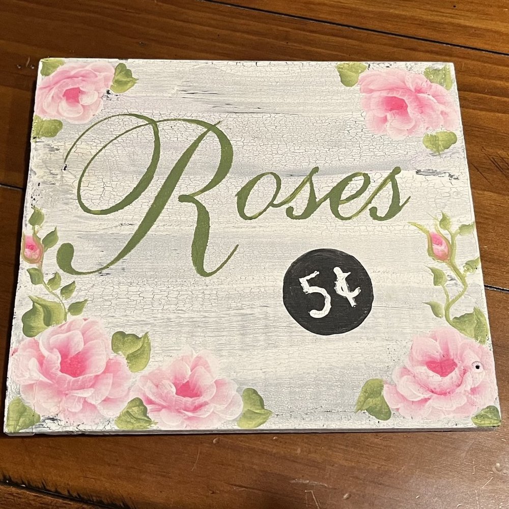 NEW Farmhouse Roses 5 cents hanging sign pink white 7.75" X 6.75" wood wooden